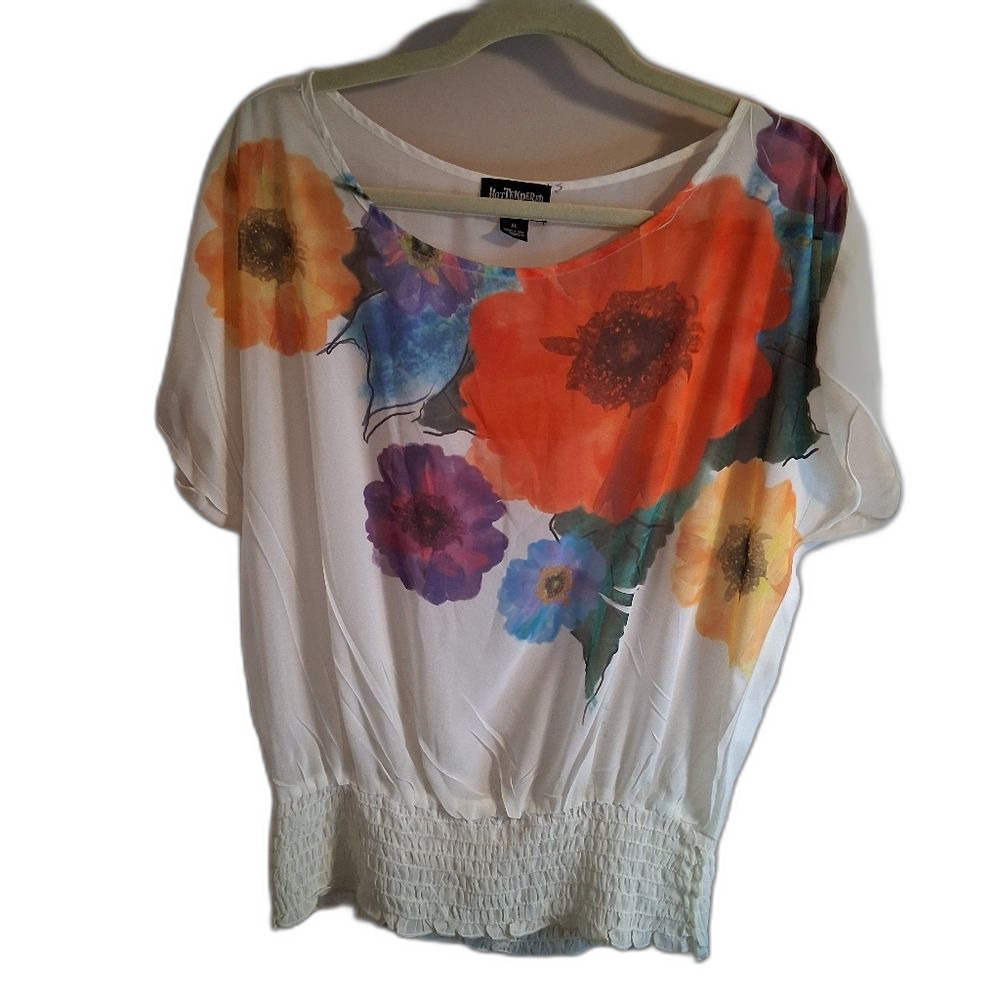 Multicolor Floral Relaxed Smocked Blouse Blouson Flutter Sleeve